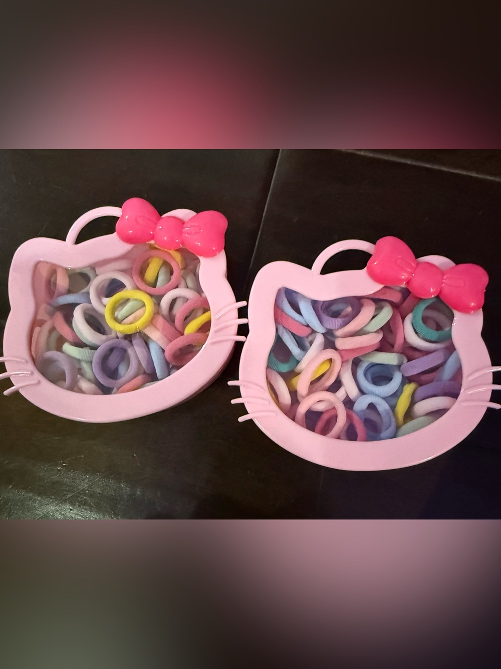 New Pink Kitty-Shaped Hair Tie Case with Pastel Elastics (set of 2)